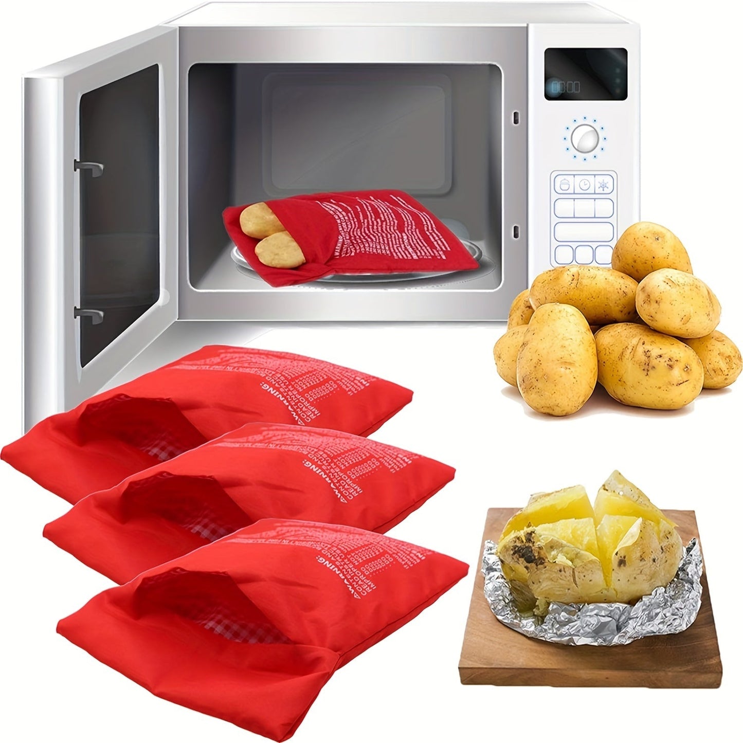 Three reusable microwave potato bags for quick cooking and warming potatoes. Made from non-food contact plastic material for perfect baked potatoes.