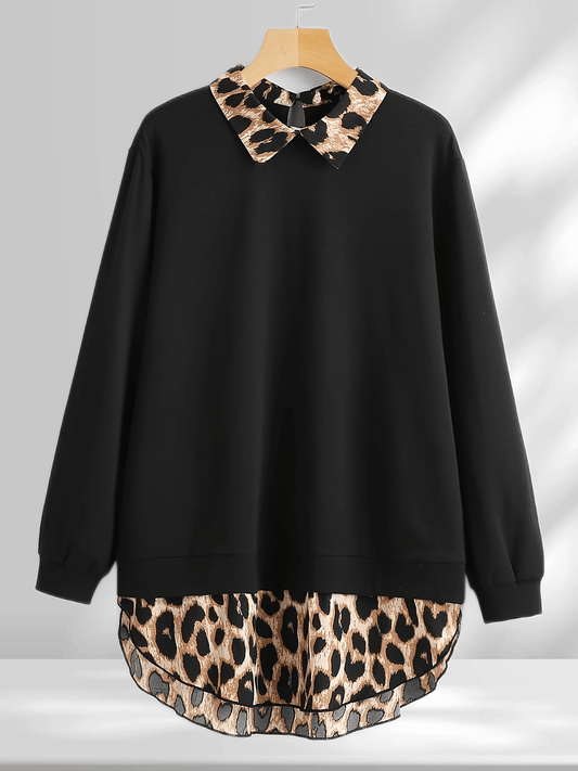 Leopard stitching sweatshirt with lapel collar for plus size women.