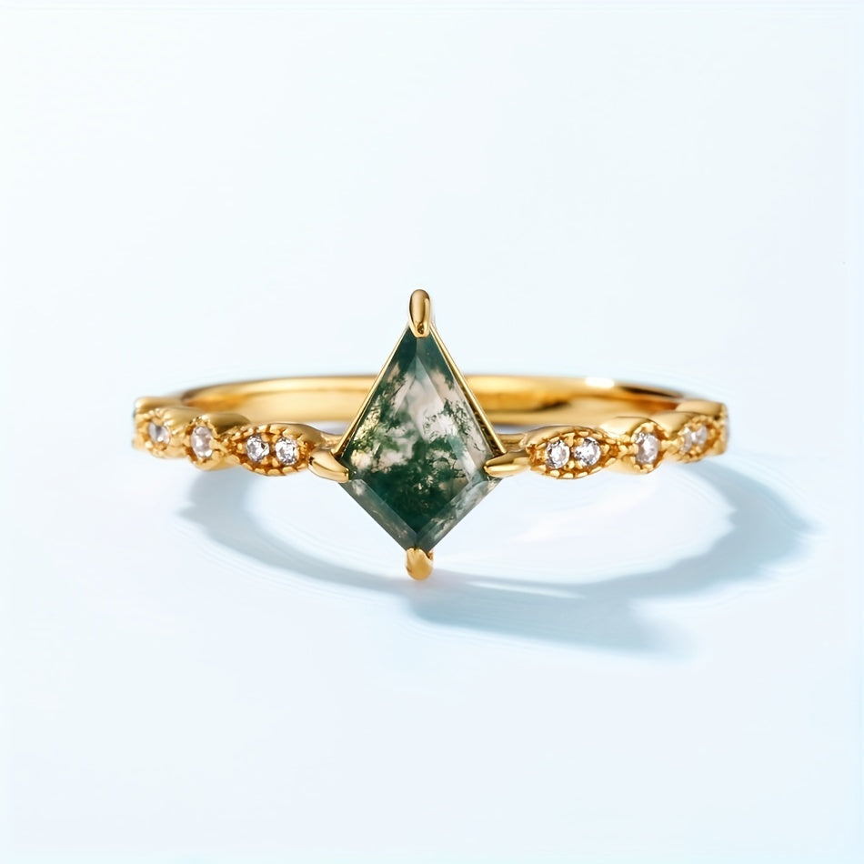 925 Silver Ring with Green Moss Agate Stone for Women, featuring a 6*9mm stone with Water Grass Agate. This European and American light luxury finger ring is gold-plated and weighs 1.49g.