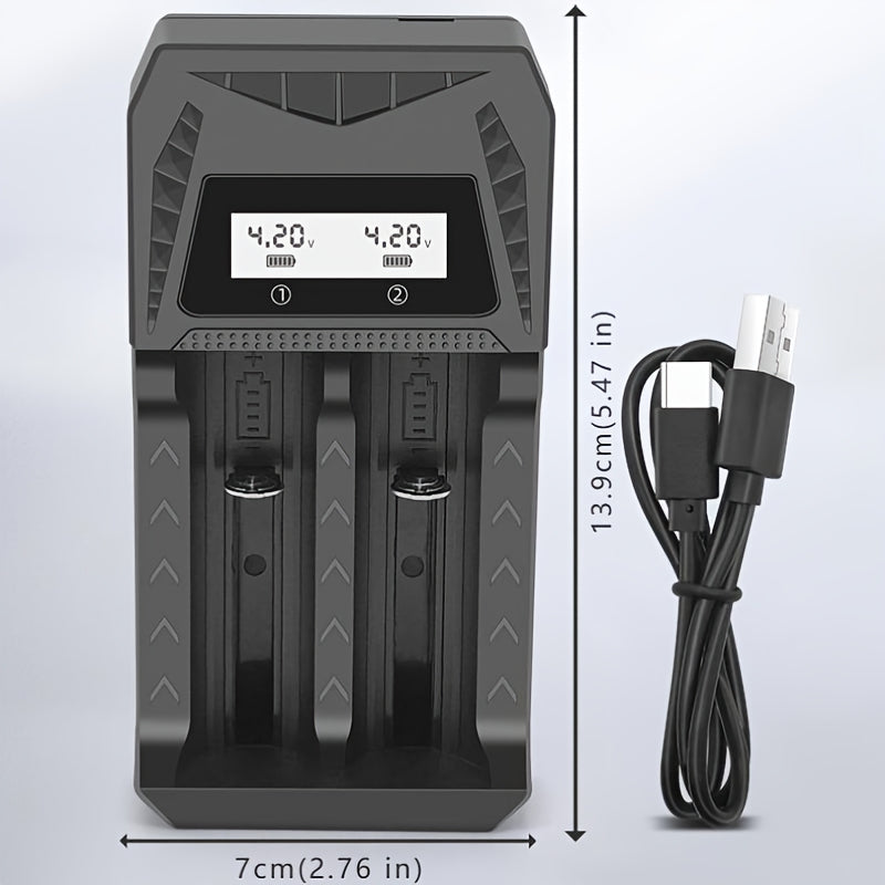 Universal USB Lithium Battery Charger compatible with various rechargeable batteries, with full voltage display.