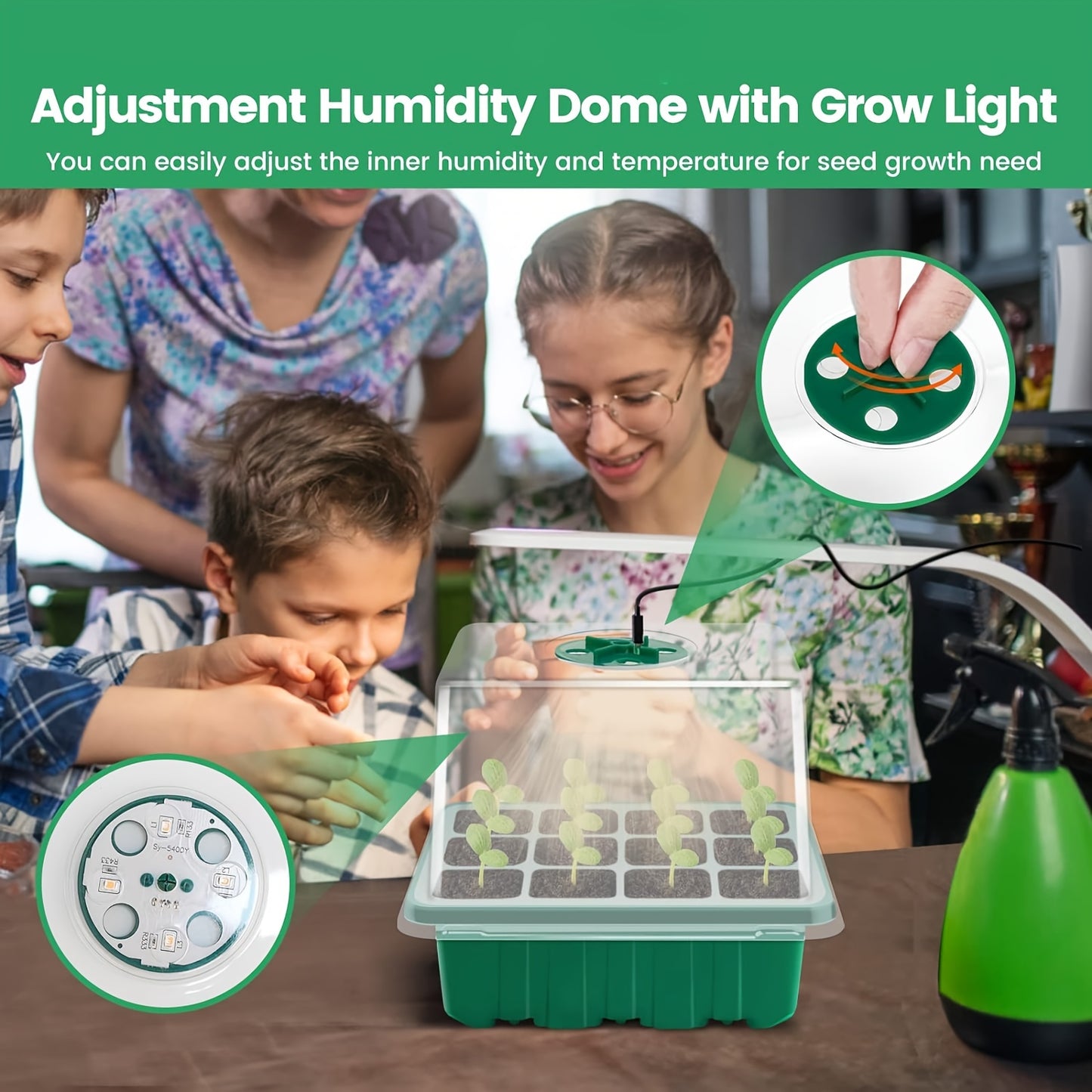 Seed starter trays with grow lights are available in packs of 1, 2, 4, or 5 and include humidity domes and bases for indoor greenhouse seed growth, with each tray containing 12 cells.