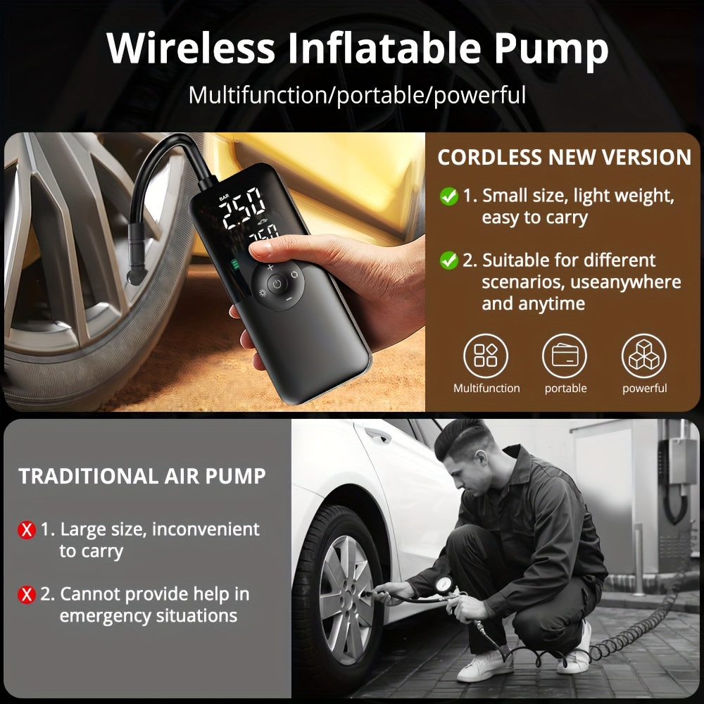 CARSUN Portable Electric Air Compressor Pump for cars, motorcycles, bicycles with 2600mAh rechargeable lithium battery, digital display, remote control via wireless app. Includes