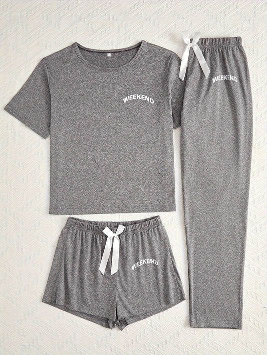 Women's 3-piece pajama set with "WEEKEND" print, casual and comfortable loungewear.