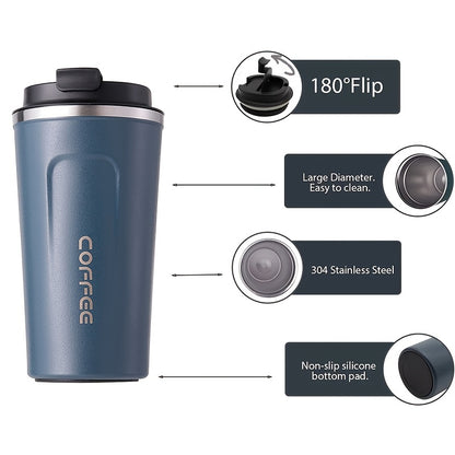 Insulated stainless steel travel mug keeps beverages hot or cold all day - 510ml/17.2oz capacity for coffee, tea, and soda.