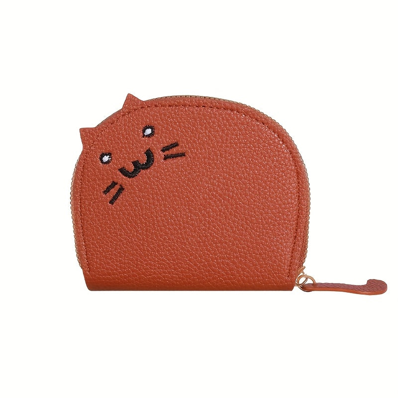 Charming cat-shaped casual wallet with synthetic material, card slots, zip closure, envelope design, easy to clean, and painted edge details.