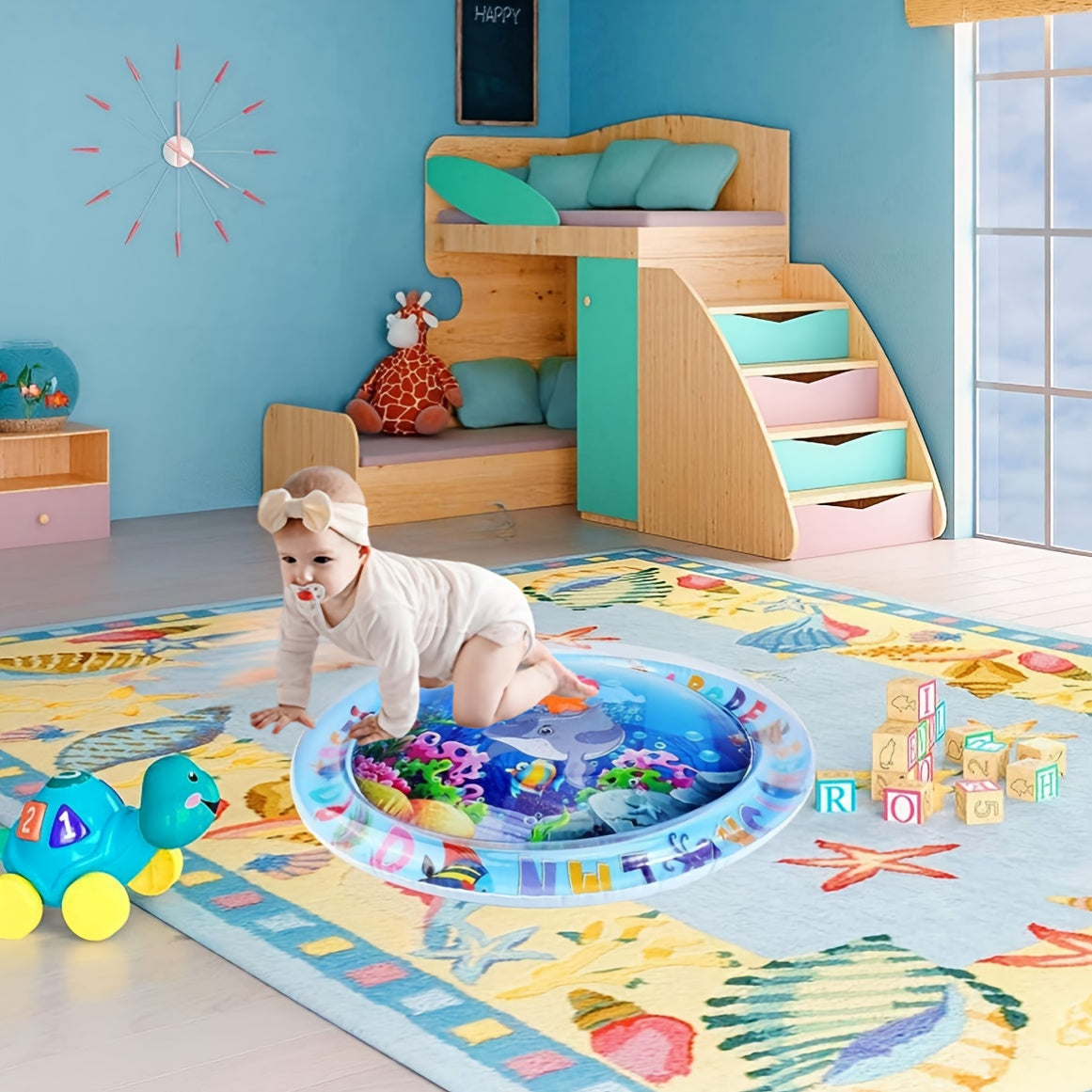 Ocean-themed PVC inflatable baby water play mat designed to promote sensory development and enhance motor skills in infants and toddlers aged 0-3 years. The educational aquarium design measures 65.02cm and includes tummy time and play activities for