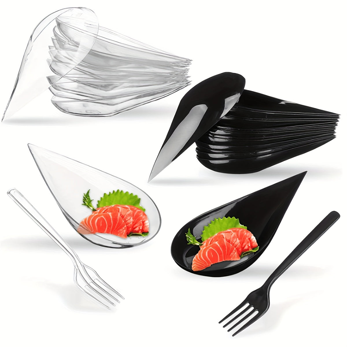 A set of 50 or 100 pieces of 10.16 cm mini appetizer plates and tasting forks, made of clear plastic. Ideal for serving appetizers, banquets, dinners, desserts, and tasting spoons in a teardrop shape.