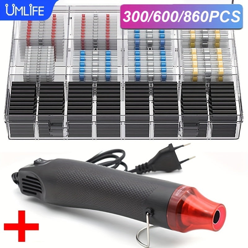 1pc Air Gun with 300/600/860pcs Solder Seal Wire Connectors, 300W Hot Air Heat Gun, 2:1 Shrinkable Heat Shrink Sleeves, Electric Power Temperature Blower Mini Tool Kit for DIY Shrink Tubing