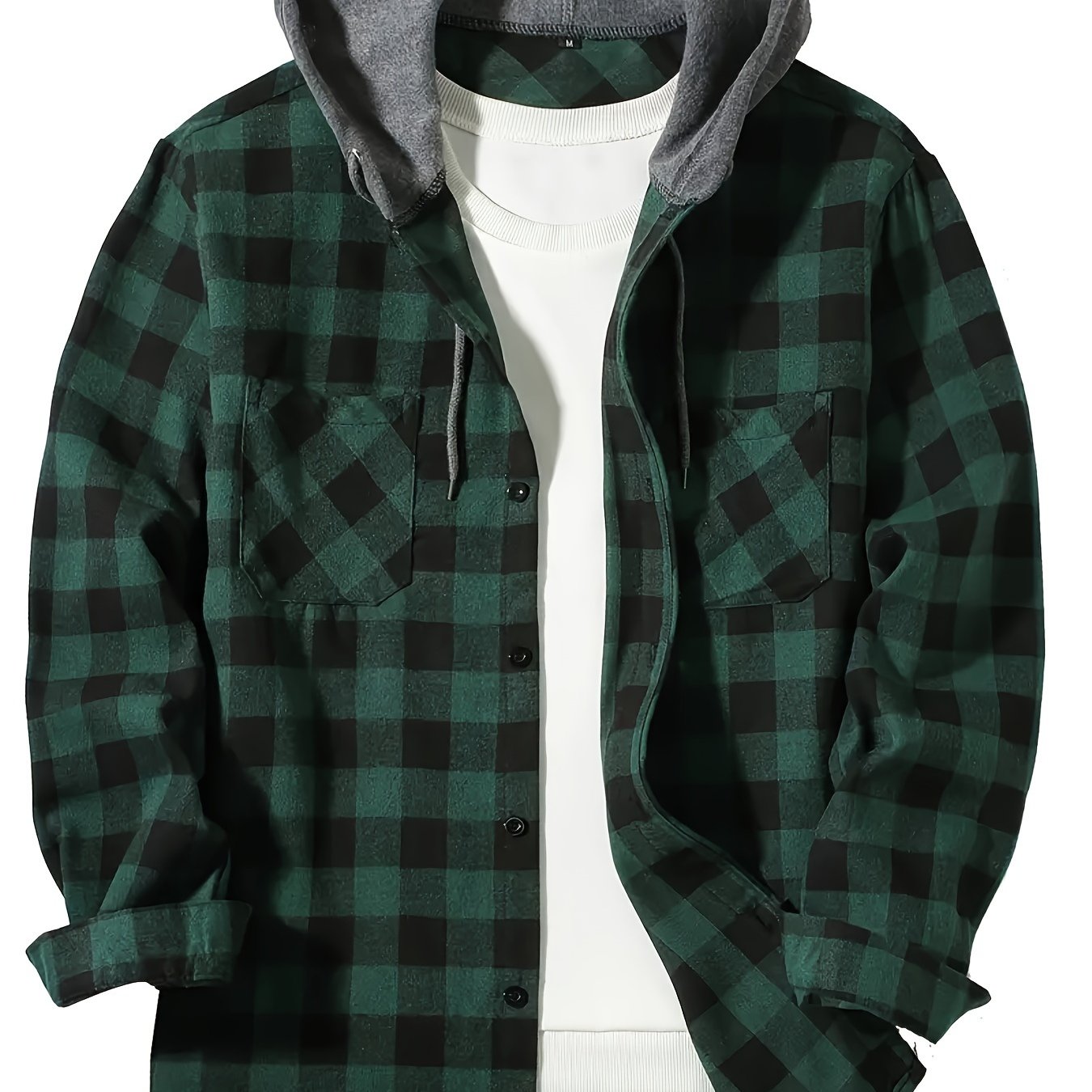 Stylish men's plaid hooded shirt with long sleeves - perfect for casual wear.