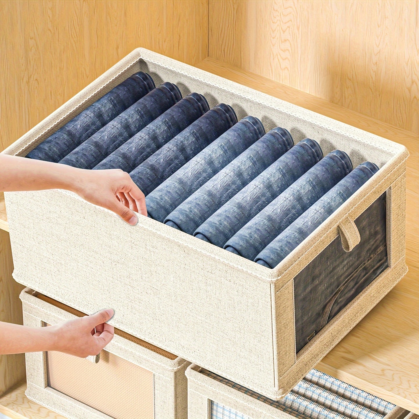 Multifunctional linen storage box in cream - spacious and portable organizer for various items.