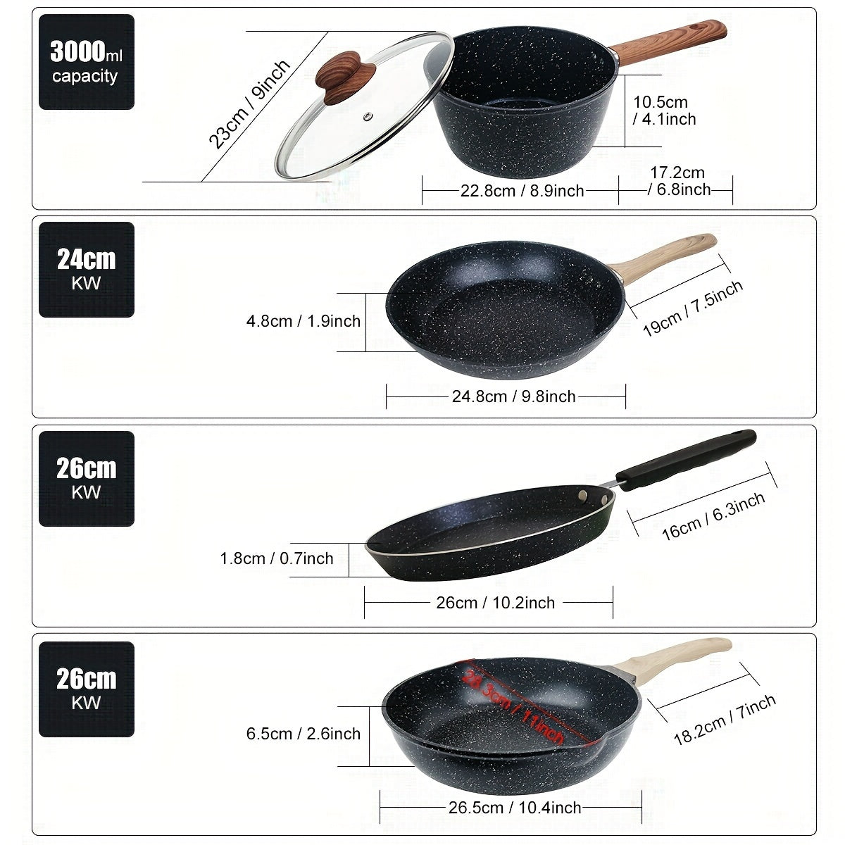 Cookware Set: 3-Piece Black Teflon Non-Stick Pot Set includes a 3L Soup Pot with Lid, 26cm Flat Bottom Frying Pan, and 24cm Frying Pan. Compatible with Electric Stove and Gas, perfect for cooking a variety of dishes in the kitchen.