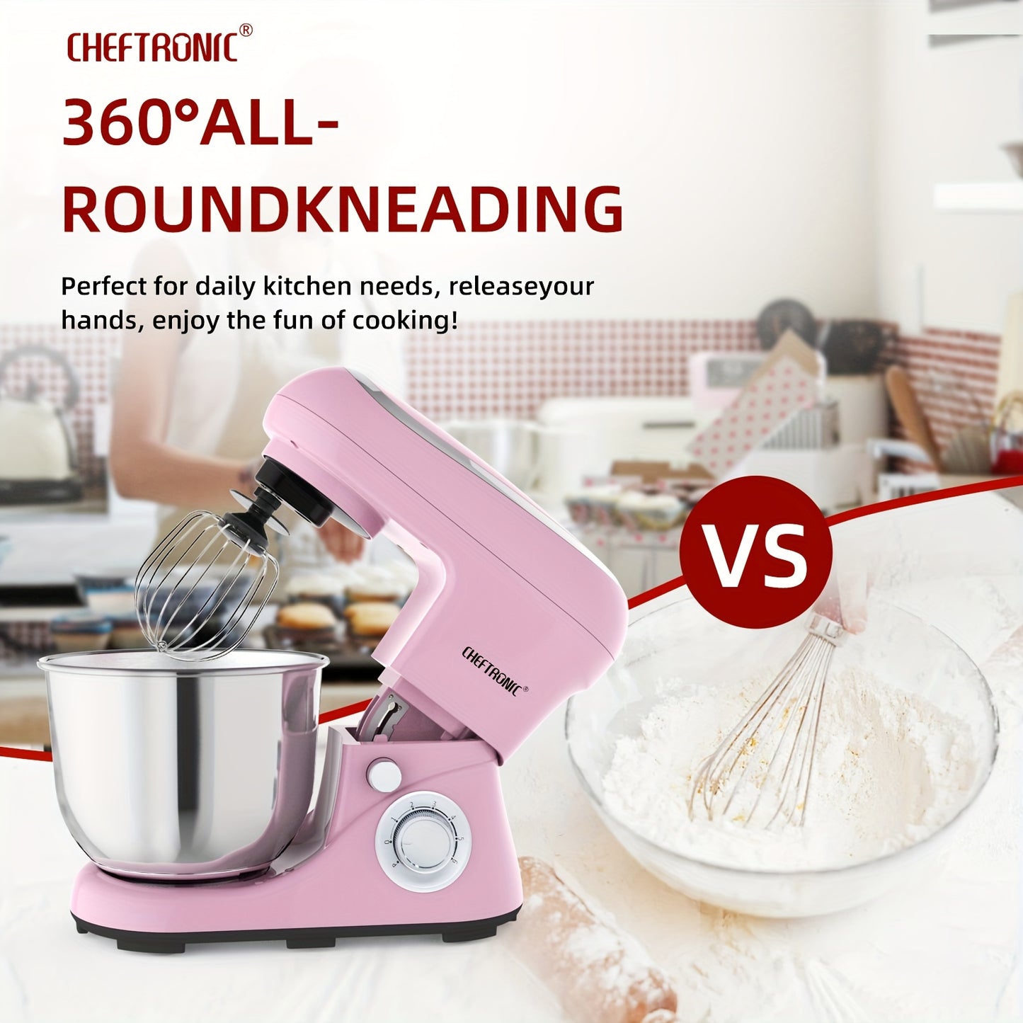 CHEFTRONIC 5.5QT Stand Mixer - 1300W 6-tezlikli Tilt-Head Oshxona Elektr Mikseri, Xamir Qopqog'i, Tuxum Qamchisi, Aralashtirish Pichog'i va Qamchi bilan - Pishirish va Ovqat Tayyorlash uchun Ideal, Metall+Plastik Tanasi.