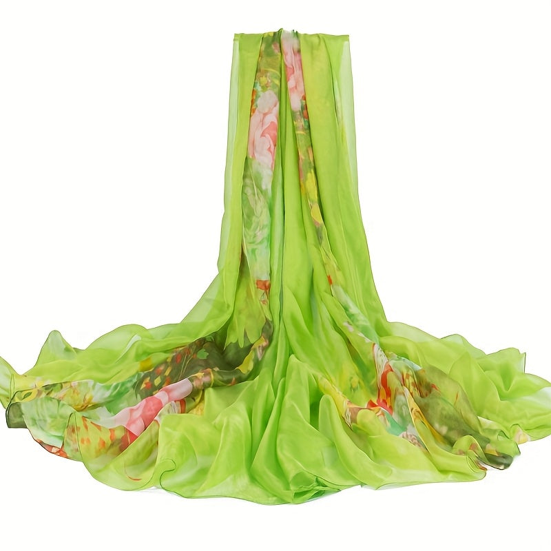 Lightweight, breathable bohemian floral shawl for women in vibrant multicolor. Windproof sunscreen beach wrap made of smooth polyester fabric. Perfect for summer travel and beach days.