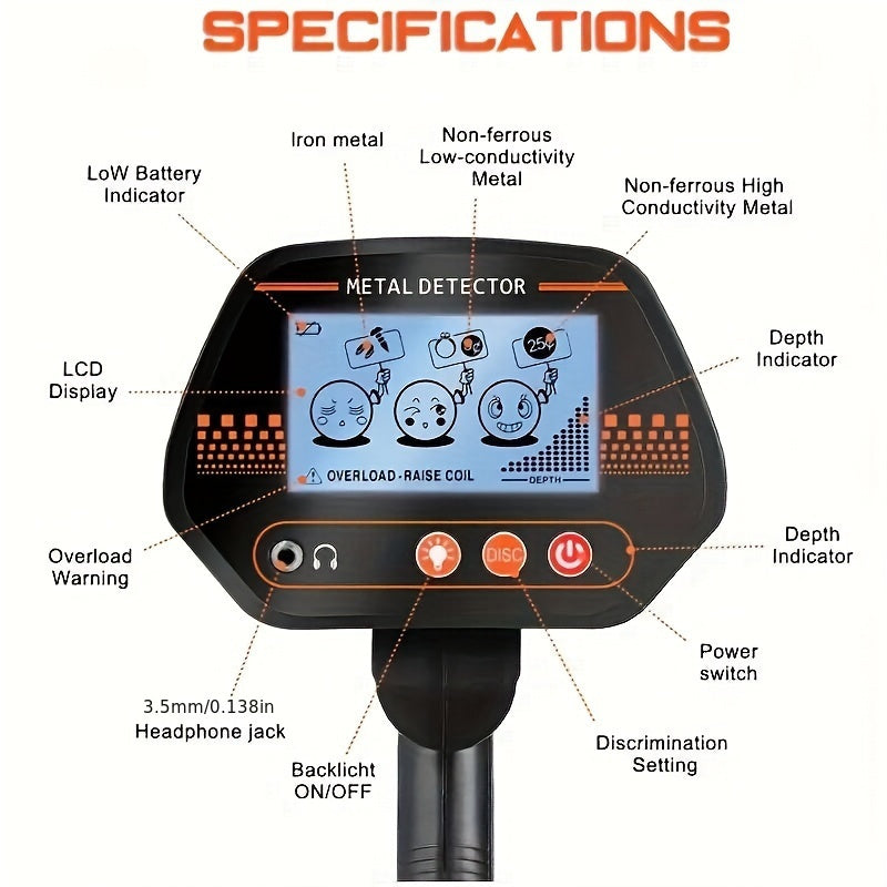 Beach Treasure Finder Handheld Metal Detector, Detects Objects up to 12.7 cm deep for coins and 91.44 cm deep for larger objects. Frequency: 7.0±0.6Khz, Includes 2*9V batteries, No shovel