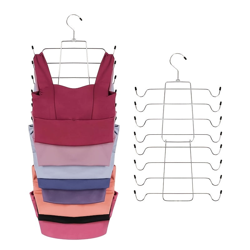 1 piece of Iron Clothes Hanger with 8 adjustable layers for storing clothes in the bedroom. This versatile hanger includes a Bra Holder and is ideal for dorm rooms and bedroom wardrobes. It is designed to help organize your closet effectively.