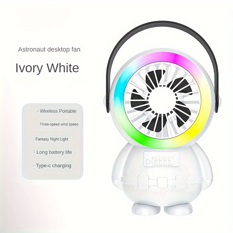 A fashionable astronaut-themed USB fan that is rechargeable and portable, featuring three adjustable speed settings. Perfect for both indoor and outdoor use.