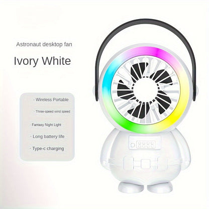 A fashionable astronaut-themed USB fan that is rechargeable and portable, featuring three adjustable speed settings. Perfect for both indoor and outdoor use.