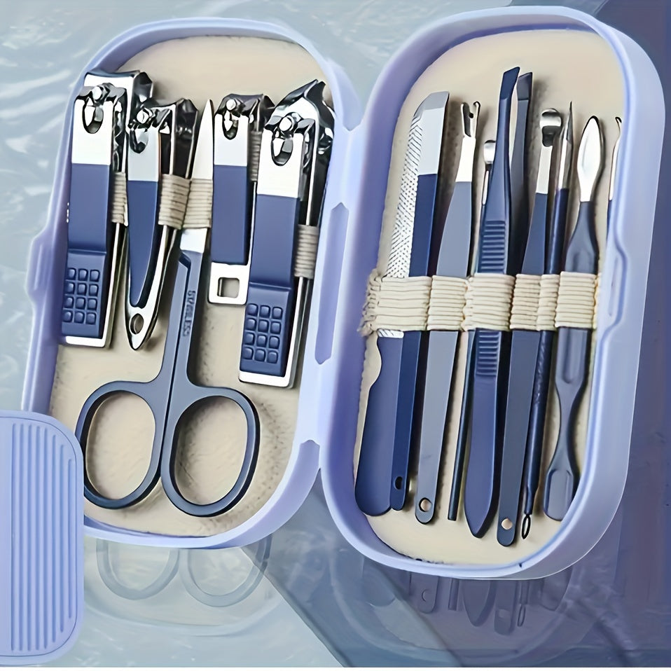 Modern 14pcs stainless steel nail and foot care tools set in portable storage box. Includes nail clippers and shaping tools. Unisex, fragrance-free, lightweight. No electricity or batteries