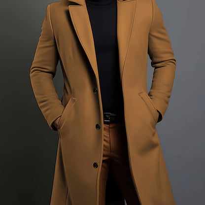 Men's classic solid color polyester coat with long sleeves, notch lapel, and welt pocket design. Casual style with non-stretch fabric and button detail. Regular fit for daily commuting in