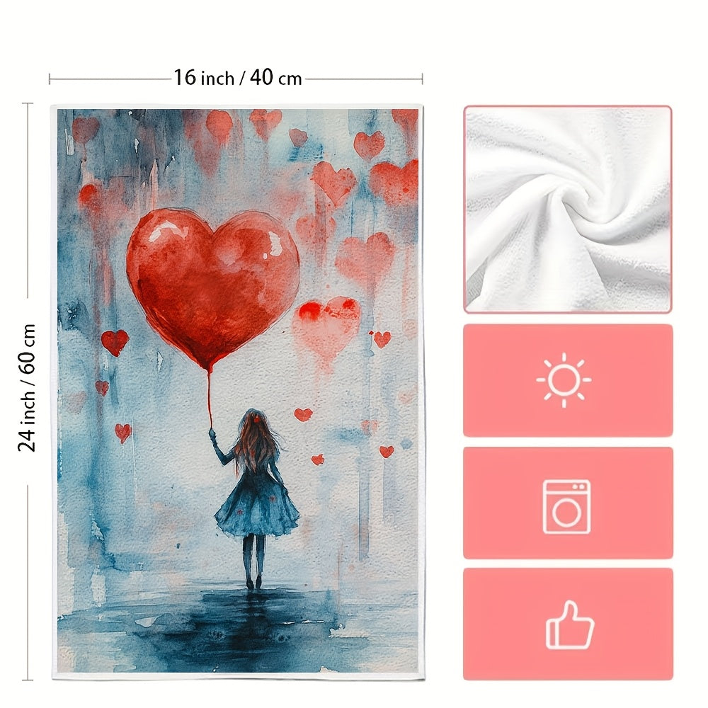 2 Romantic Heart Balloon Kitchen Towels - Made with Ultra Soft and Highly Absorbent Polyester Material, 40.64x60.96 cm in size. These machine washable dish hand towels are perfect for Valentine's Day decor and everyday use.