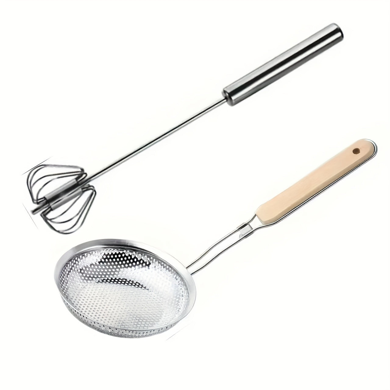 Get this durable Stainless Steel Hand Mixer and Skimmer Spoon Set for all your kitchen needs - perfect for blending eggs, baking ingredients, and preparing sauces. The set also includes a Wooden Handle Fine Mesh Strainer for sifting food, separating oil