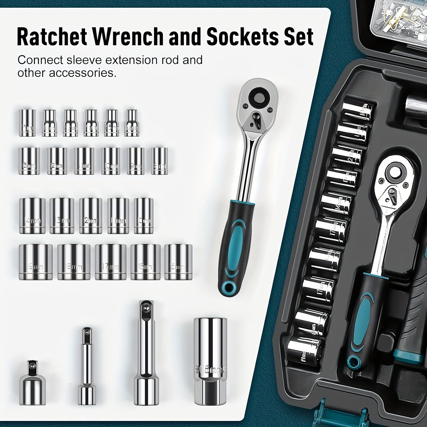 281-piece home tool kit with socket wrench, screwdriver, hex keys, pliers, and storage case. Perfect for DIY projects and gifts.