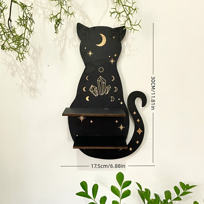 Black cat wall shelf for living room or bedroom decoration, perfect for plants, crystals, and scented candles for special occasions.