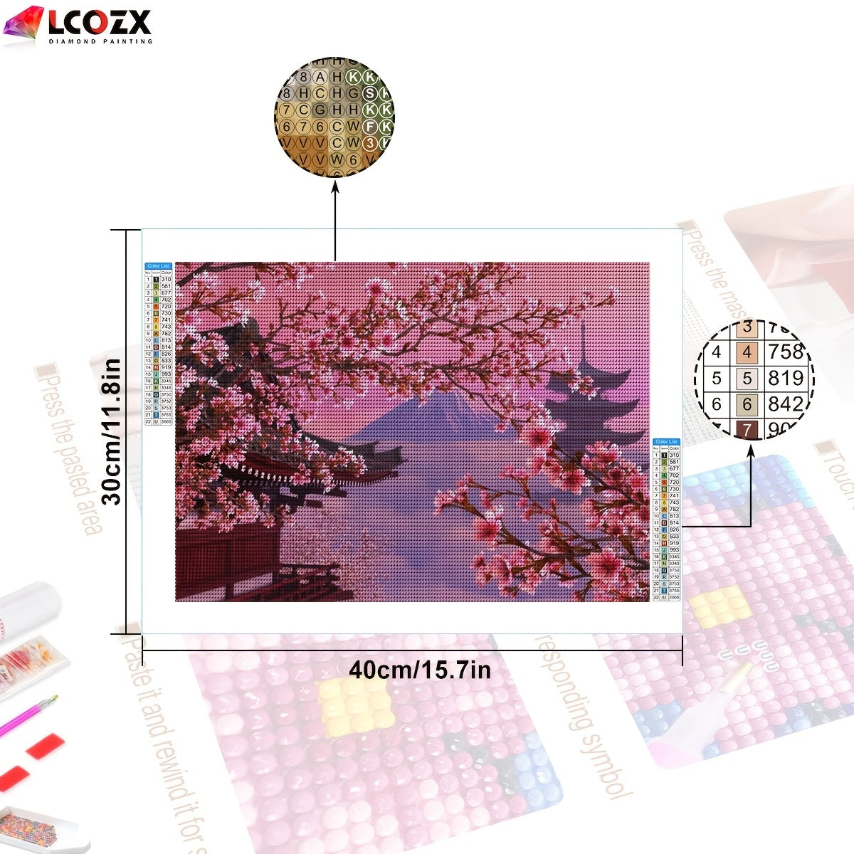 1pc Sakura Artificial Diamond Painting Kit featuring Japanese Fuji Mountain and Cherry Blossom Flowers in DIY Pink Rhinestones. Perfect for home decor and gifting, measuring 29.97*39.88cm.