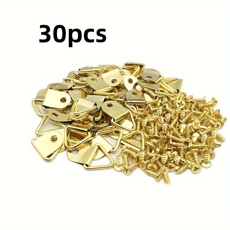 30/80pcs golden triangular frame hooks with screws for wall mounting, modern style, easy to install, for picture frames and art display hardware.