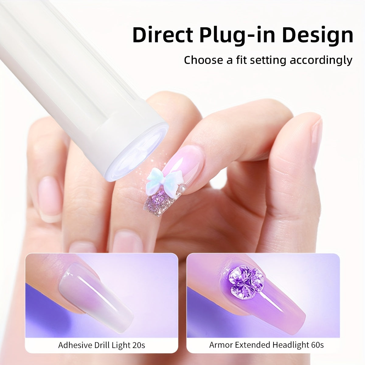 Portable UV Nail Curing Lamp Mini - Handheld LED gel polish dryer with direct plug-in design, USB powered unscented nail art lamp.