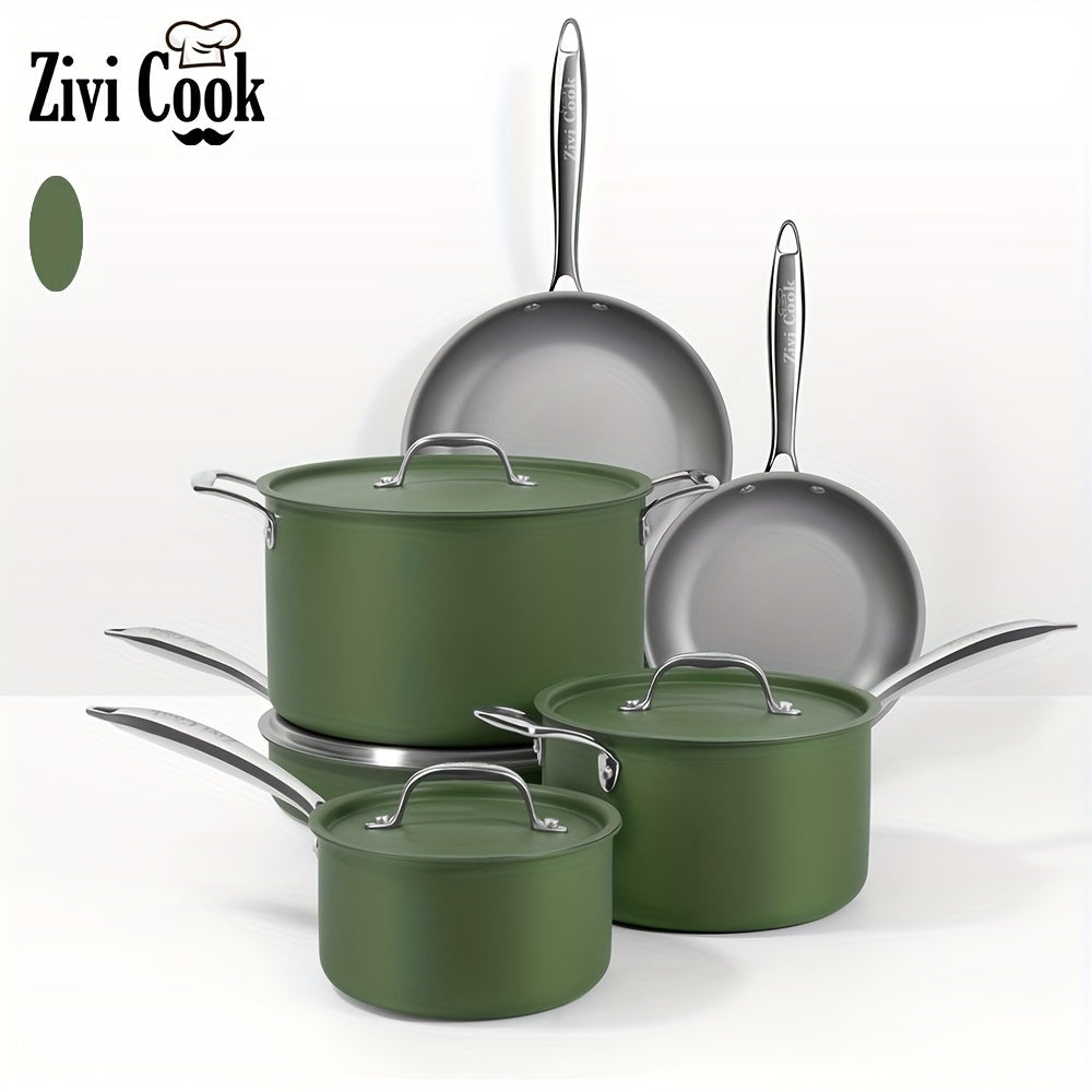 Zivi Cook 10-Piece Stainless Steel Cookware Set, Non-Stick Pots and Pans Ideal for Gas and Induction Stovetops, Long-Lasting Kitchen Cookware Collection