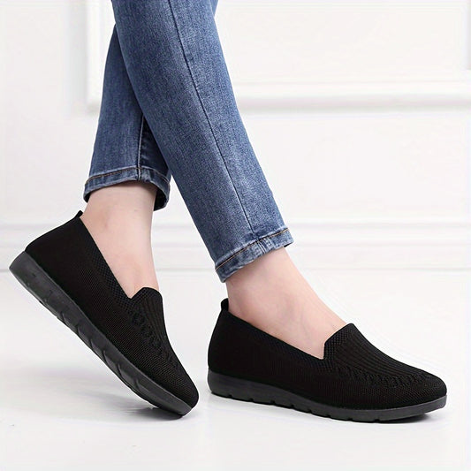 Breathable women's slip-on flats with solid color knit upper, soft sole, rubber grip, and lightweight comfort for all seasons.