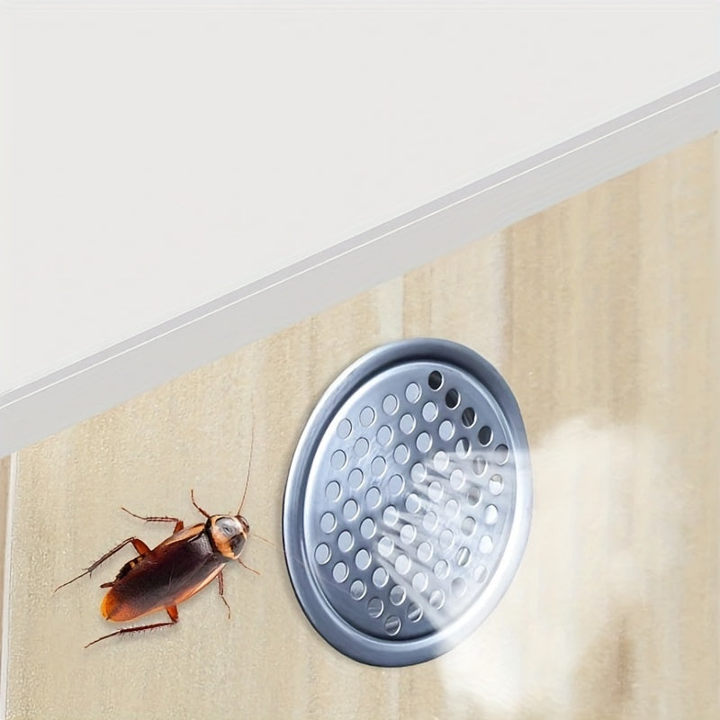 A set of 5 stainless steel circular shoe cabinet vents with flat breathable holes, designed for ventilation and heat dissipation. These golden home accessories also include covers for the ventilation holes.