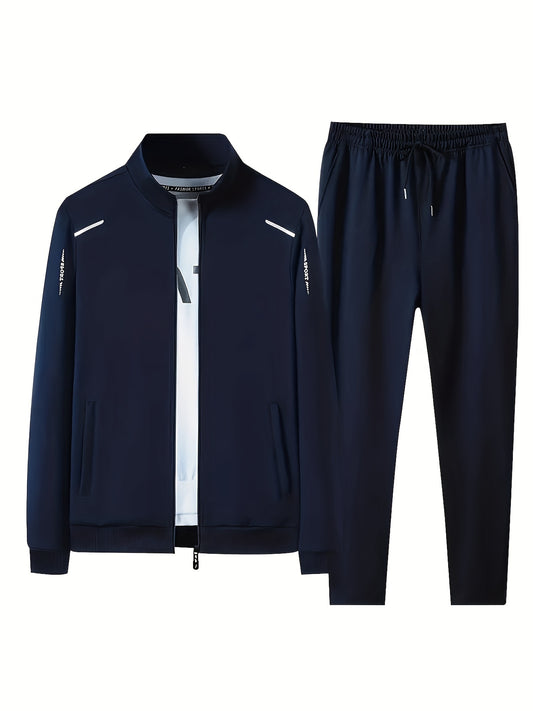 Men's casual sportswear set featuring a polyester zip-up jacket and drawstring joggers with pockets. Includes long sleeves, letter print, non-transparent material, and an all-season comfort