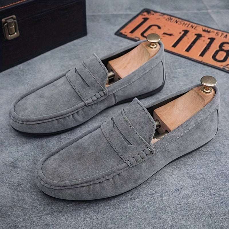 Men's slip-on penny loafers with solid color, non-slip durable soft sole, ideal for daily wear.