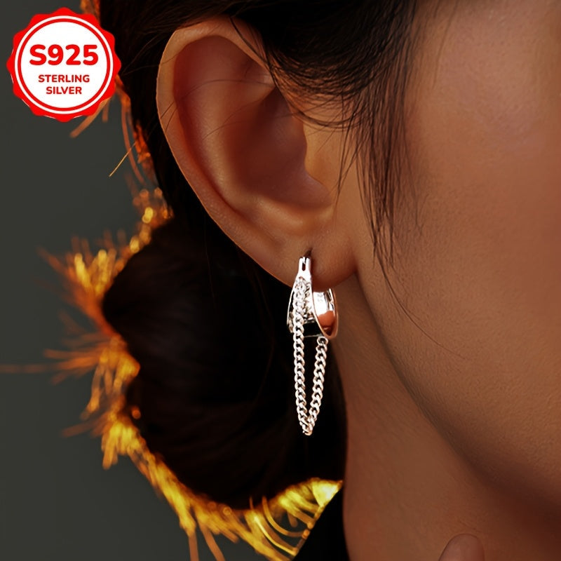 Stylish geometric buckle earrings paired with long braided earrings, perfect for fashion-forward women. Available in a sleek silvery color, weighing 6.5g or 0.23oz.