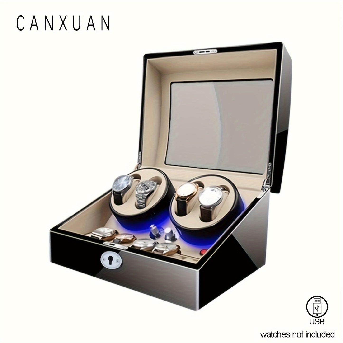 1 pc CANXUAN automatic watch winder box with 4+6 slots, quiet motors, key lock, LED light, soft pillow, faux leather, USB-powered, suitable for men's and women's watches, battery not