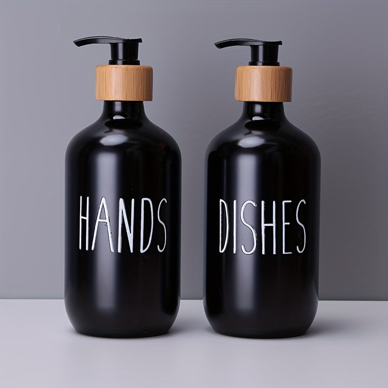 Set of 2 plastic soap dispensers for dish and hand soap, with refillable empty bottles for home decor and bathroom accessories.