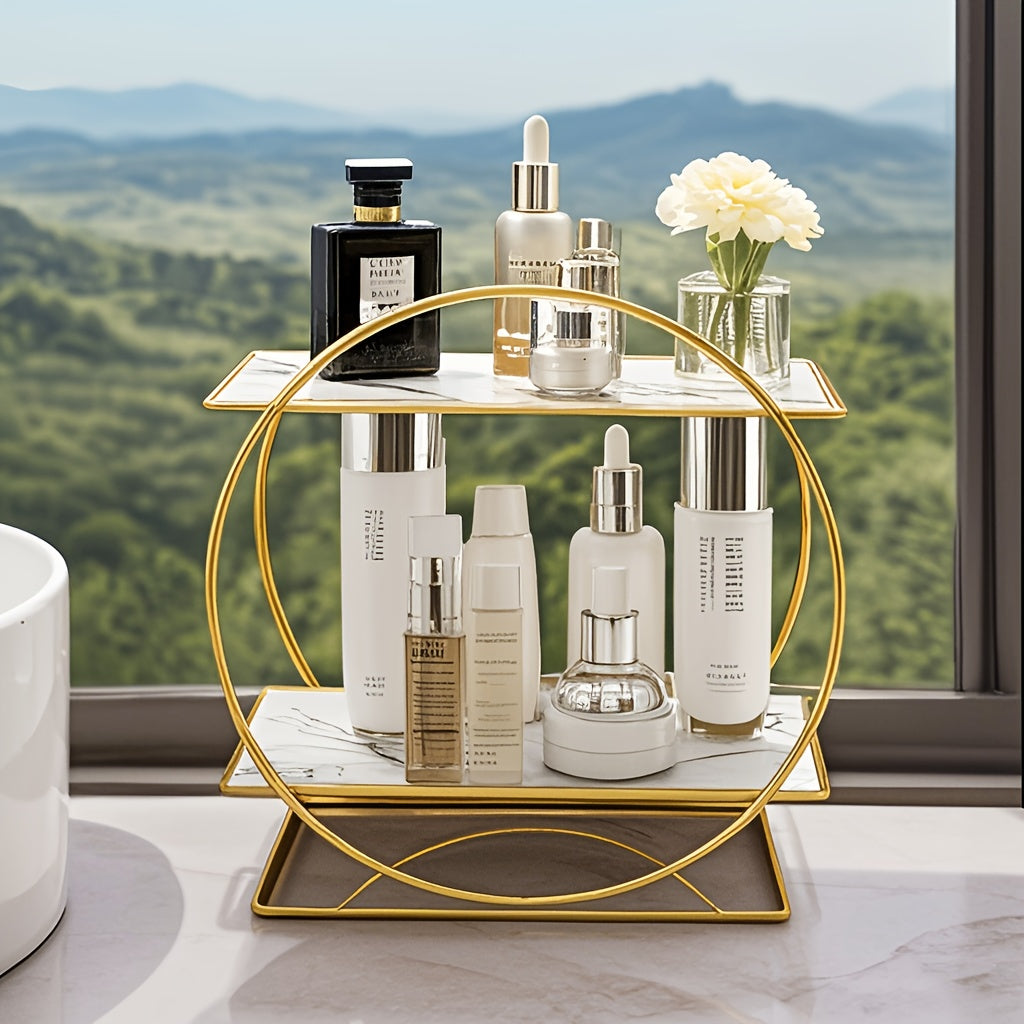 Golden round metal shelf with UV coating, ideal for organizing cosmetics and skincare products in the bathroom or living room. Two-tiered, detachable, and portable design.