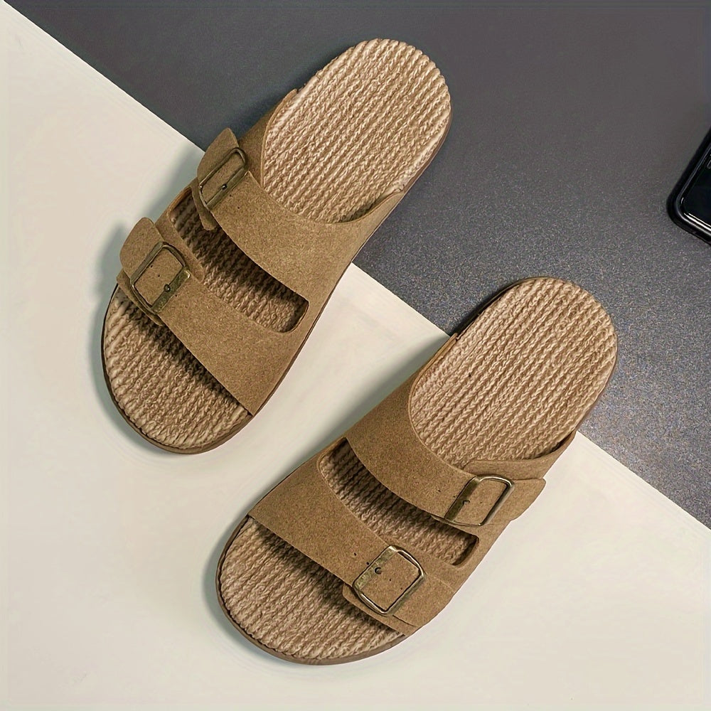 Vintage open toe slippers with non-slip double buckle straps for men.