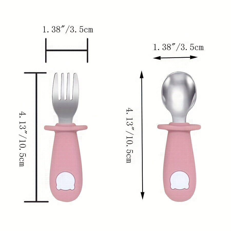 Set of 2: Child-Friendly Food Grade Silicone Tableware with Stainless Steel Dinnerware, including Cutlery Set with Cartoon Food Feeding Spoon and Fork