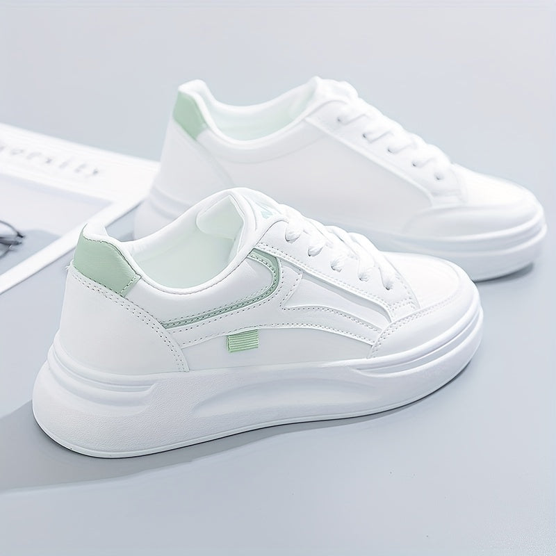 Height increasing lace-up platform skate shoes for women in white, suitable for outdoor walking and available in plus sizes.