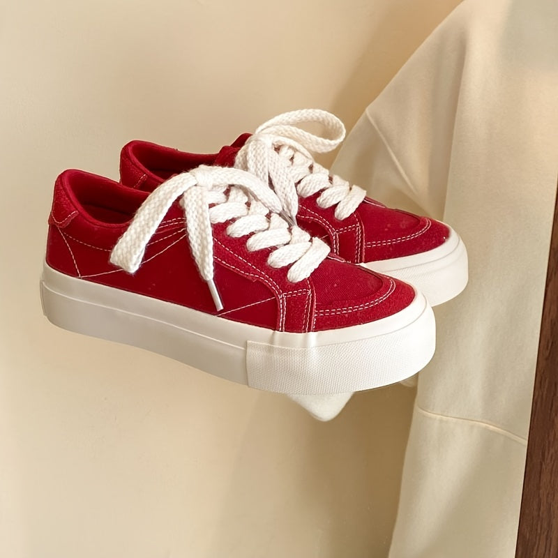 Casual platform canvas sneakers with thick retro soles, solid color design, hand washable fabric inner, and TPR outsole.