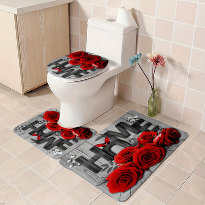 1 Romantic Rose and Butterfly polyester bathroom set includes a water-resistant floral shower curtain with 12 hooks, non-slip mats, a U-shaped bath rug, and round toilet lid cover. Machine washable and perfect for all-season home decor.