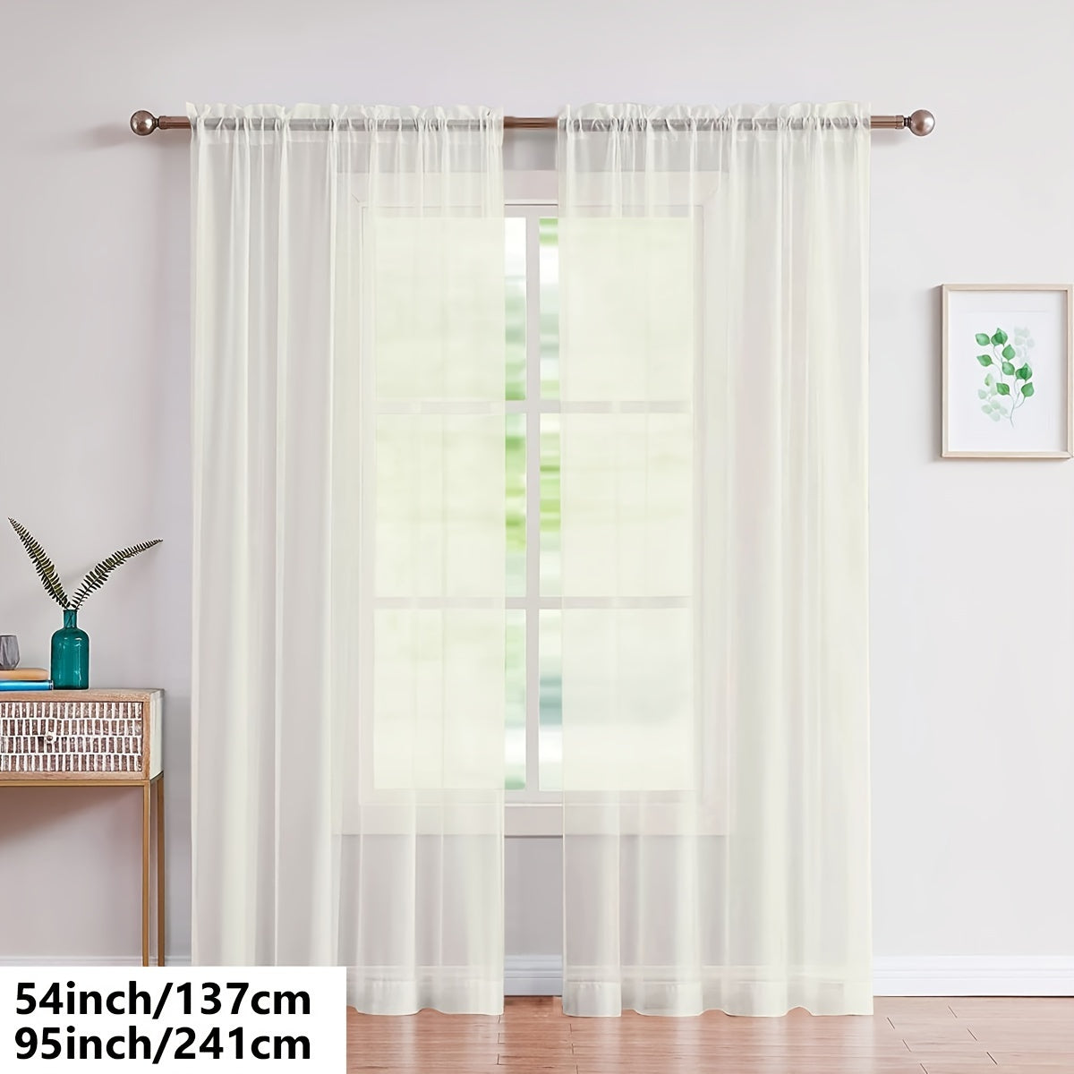 Two pieces of lightweight transparent white gauze curtains, designed for living room and bedroom decoration, with pole-wearing feature.