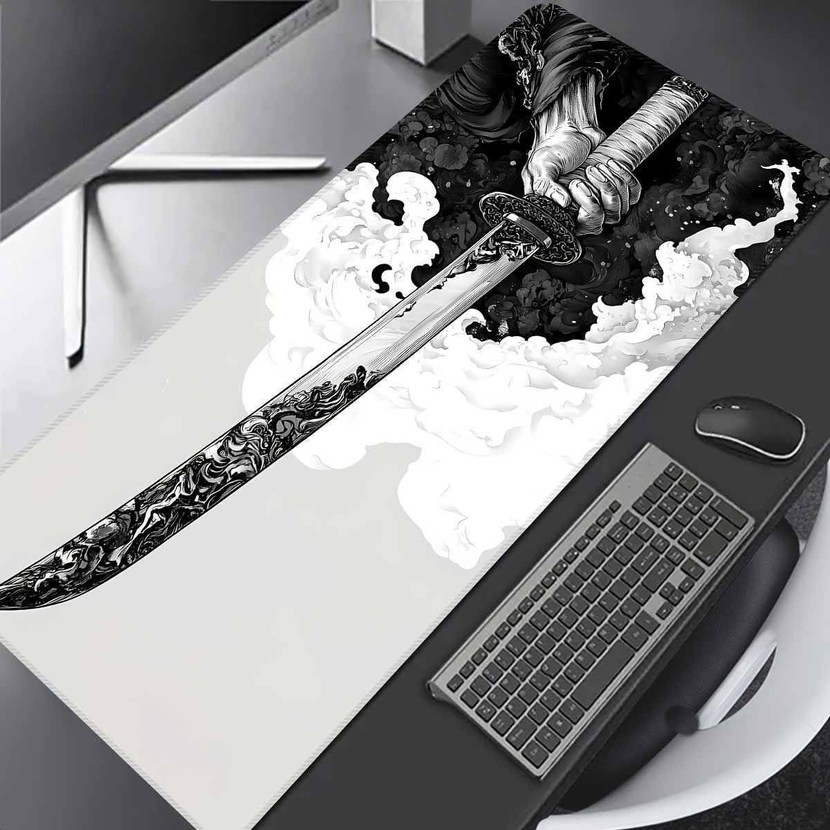 XL Gaming Mouse Pad with Sword Design, Non-Slip Base, Washable, for eSports & Office Use.