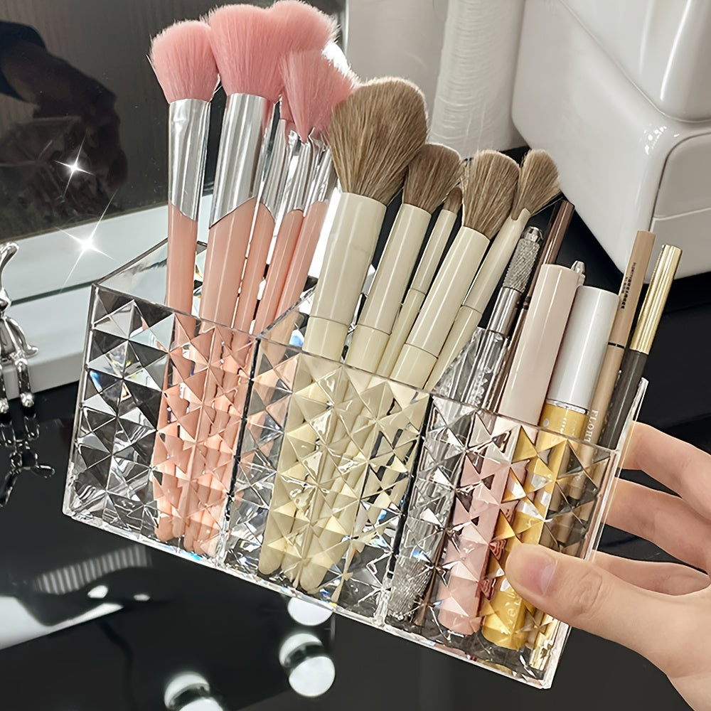 Premium acrylic makeup brush holder with 3 compartments for organizing brushes, ideal for bathroom decor and cosmetic storage.