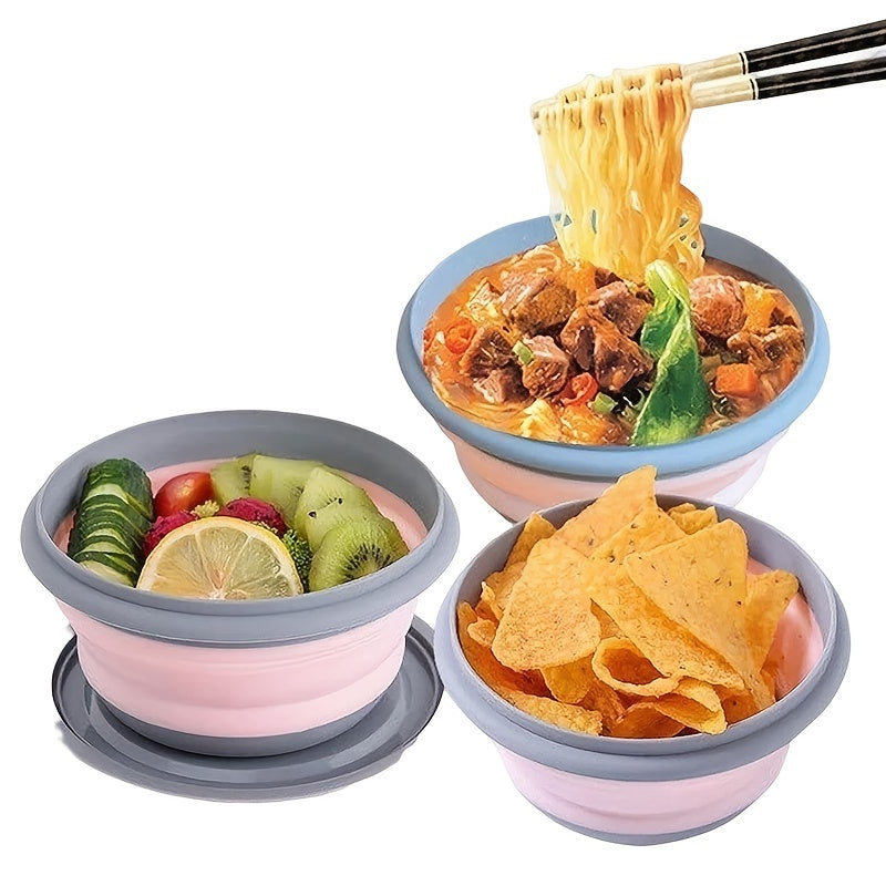 Set of 3 Camping Bowls with Lids, Silicone Collapsible Bowls, Lunch Box, Salad Bowl, Expandable Food Storage Container, Bento Box - High-Quality Container for Travel, Camping, and Office Use.