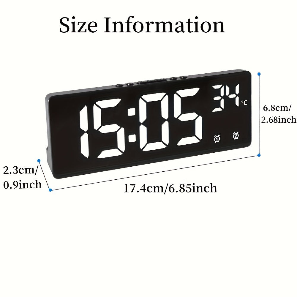 Fantasy-themed digital alarm clock with mirror surface, LED display, temperature, date, voice control, and customizable alarm settings.