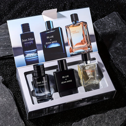 Men's 3-piece Jean Miss Homme Cologne Gift Set features a natural, long-lasting floral scent with no Bisphenol A. Contains 5-15% concentration of fragrance with citrus and woody notes